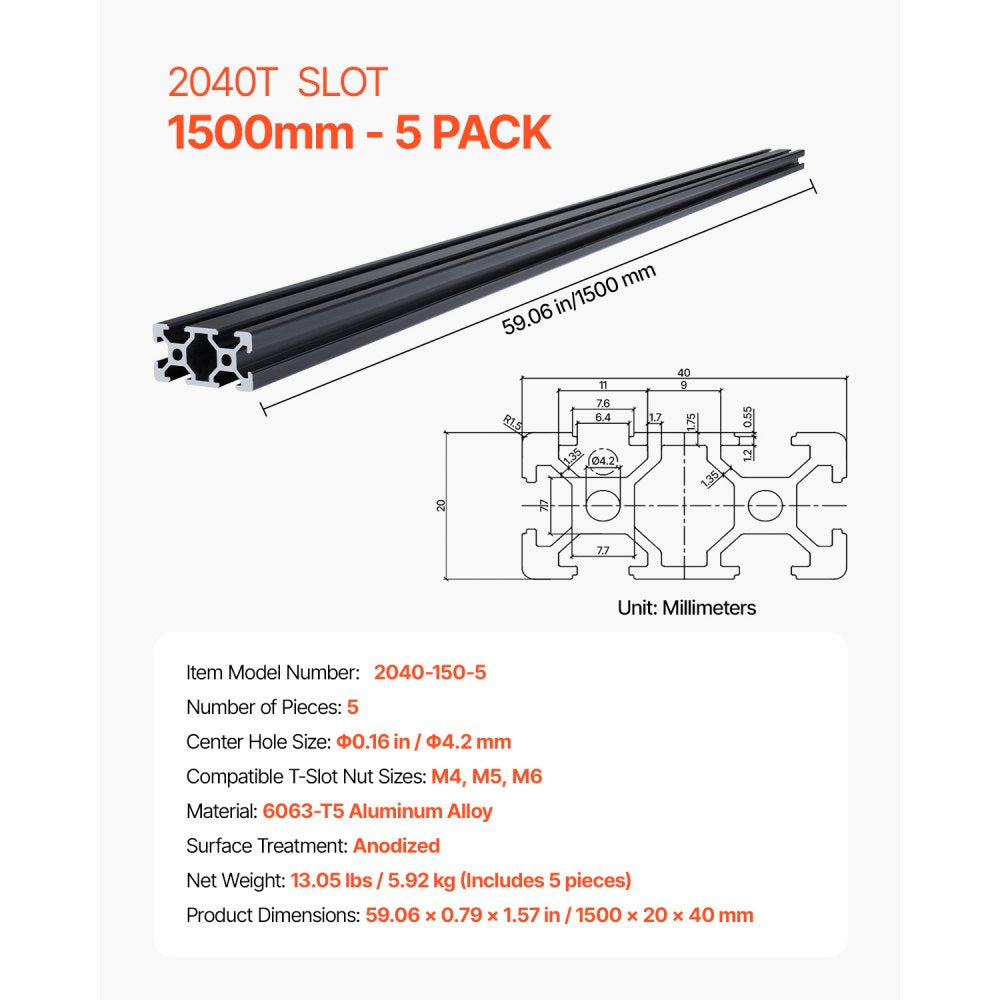 VEVOR 5PCS 59 in (1500 mm) T Slot 2040 Aluminum Extrusion Profile, European Standard Anodized Linear Rail, High-Strength Extruded Aluminum Rail for 3D Printer, CNC Machine DIY, Laser Engraving, Black