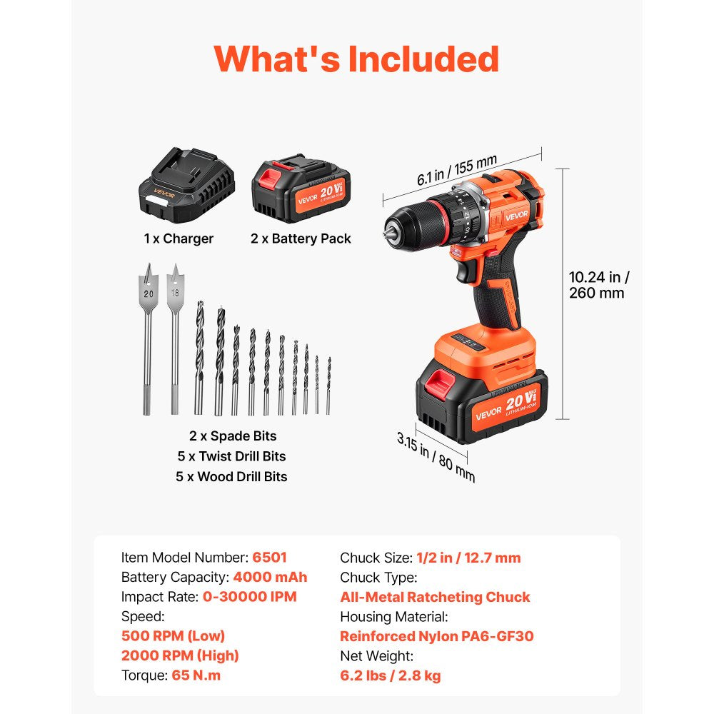 VEVOR Hammer Drill 20V 1/2 in 30000 IPM Brushless Cordless Impact Drill Kit, for Drilling Wood Metal Screw Driving, 4000 mAh Lithium-Ion Battery Pack and Charger, with All-Metal Chuck, Compact Design