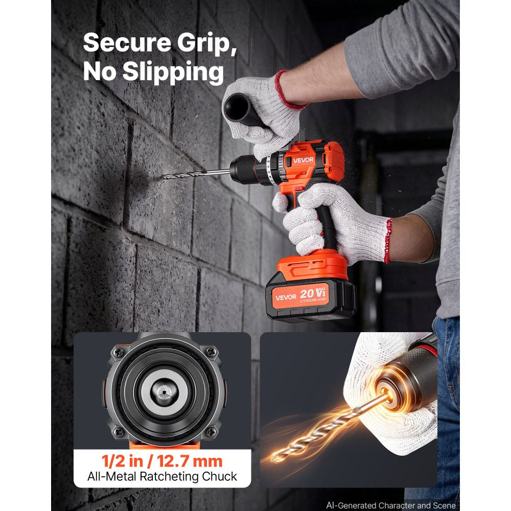 VEVOR Hammer Drill 20V 1/2 in 26000 IPM Brushless Cordless Impact Drill Kit, for Drilling Wood Metal Screw Driving, 4000 mAh Lithium-Ion Battery Pack and Charger, with All-Metal Chuck, Compact Design