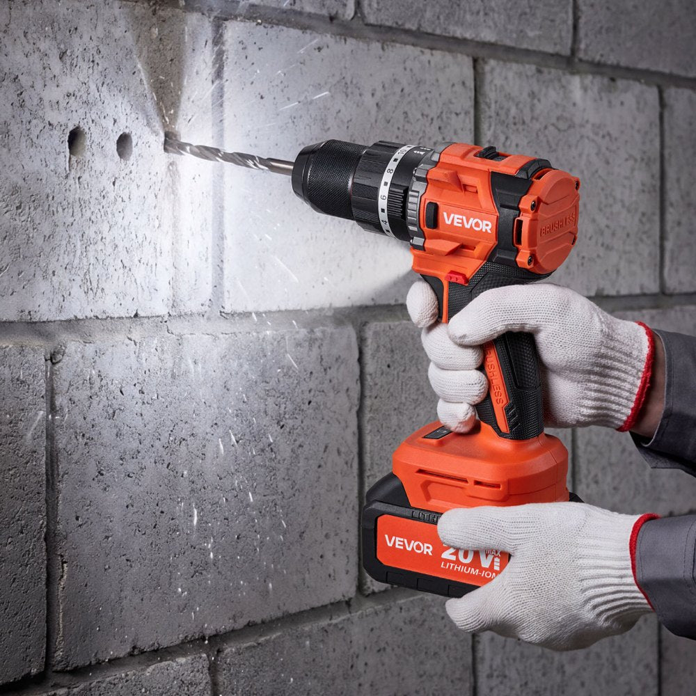 VEVOR Hammer Drill 20V 1/2 in 26000 IPM Brushless Cordless Impact Drill Kit, for Drilling Wood Metal Screw Driving, 4000 mAh Lithium-Ion Battery Pack and Charger, with All-Metal Chuck, Compact Design