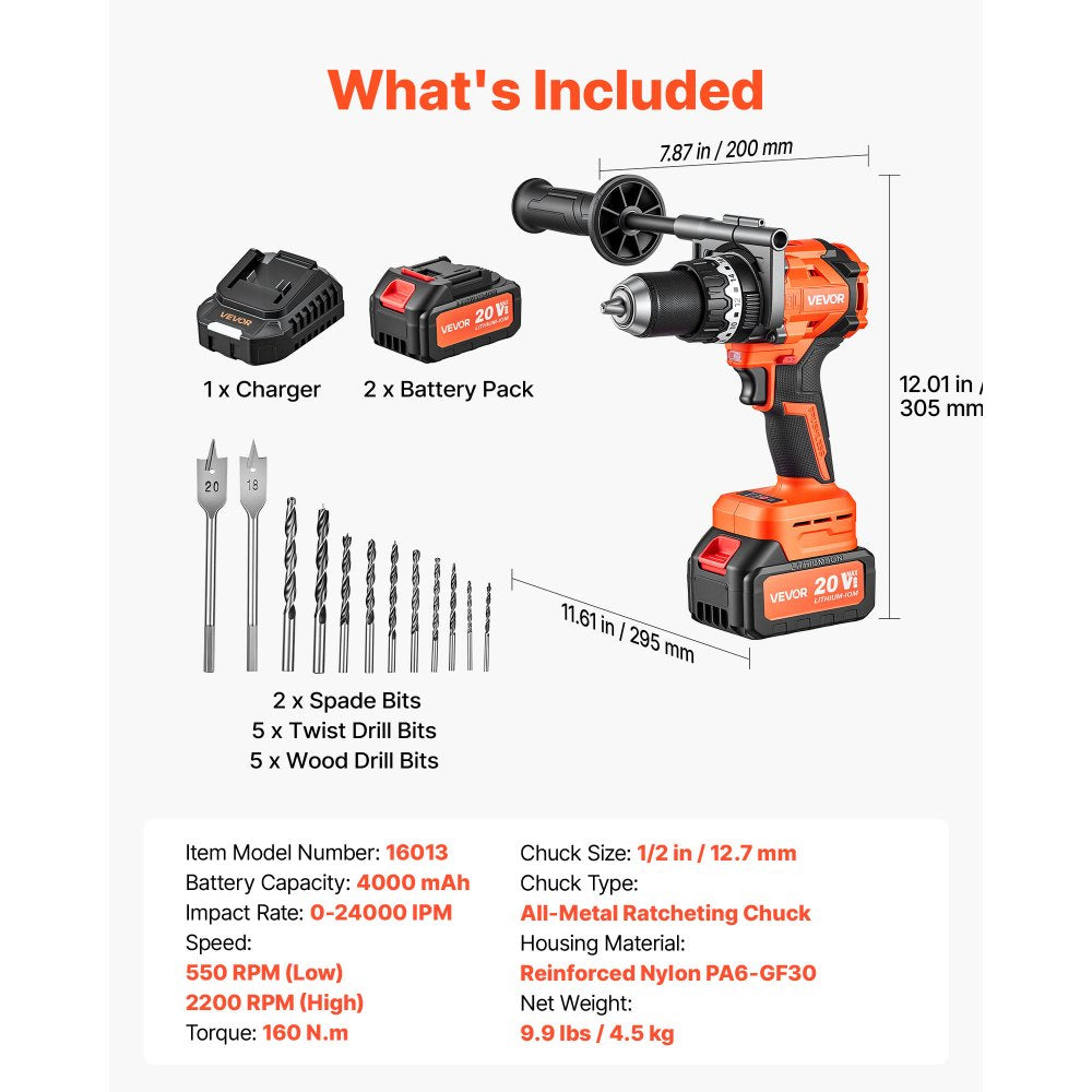 VEVOR Hammer Drill 20V 1/2 in 24000 IPM Brushless Cordless Impact Drill Kit, for Drilling Wood Metal Screw Driving, 4000 mAh Lithium-Ion Battery Pack and Charger, with All-Metal Chuck, Compact Design