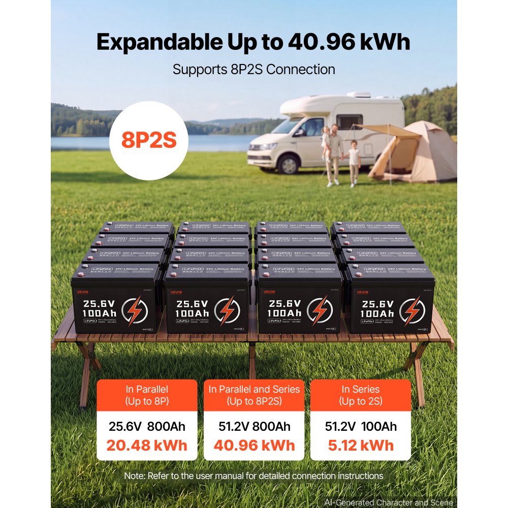 VEVOR 24V 100Ah LiFePO4 Lithium Battery 4000+ Cycles Built-in 100A BMS, Lithium Battery with Low Temperature Protection, Supports 8P2S Connection, 2560Wh Energy, for RV, Trolling Motor, Marine, Solar