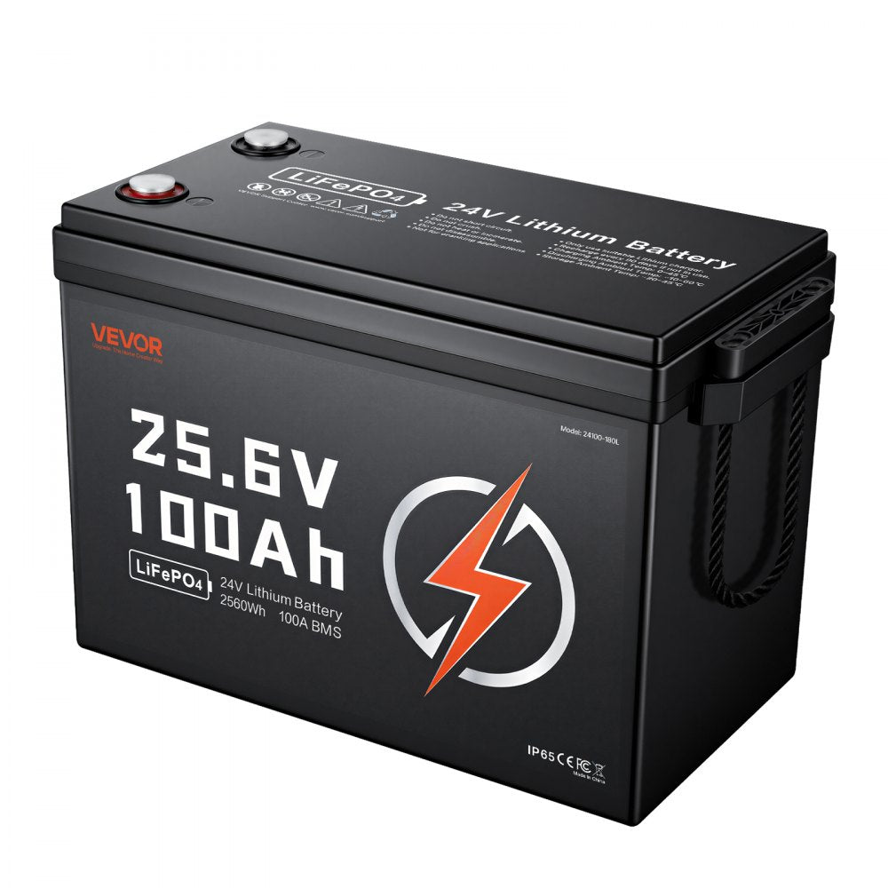 VEVOR 24V 100Ah LiFePO4 Lithium Battery 4000+ Cycles Built-in 100A BMS, Lithium Battery with Low Temperature Protection, Supports 8P2S Connection, 2560Wh Energy, for RV, Trolling Motor, Marine, Solar