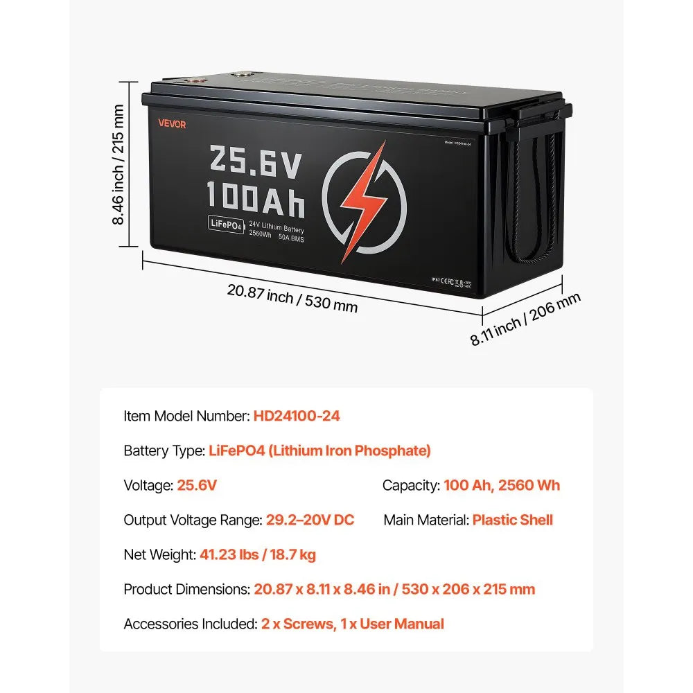 Battery dimensions and key specs graphic (model, weight, dimensions, accessories)