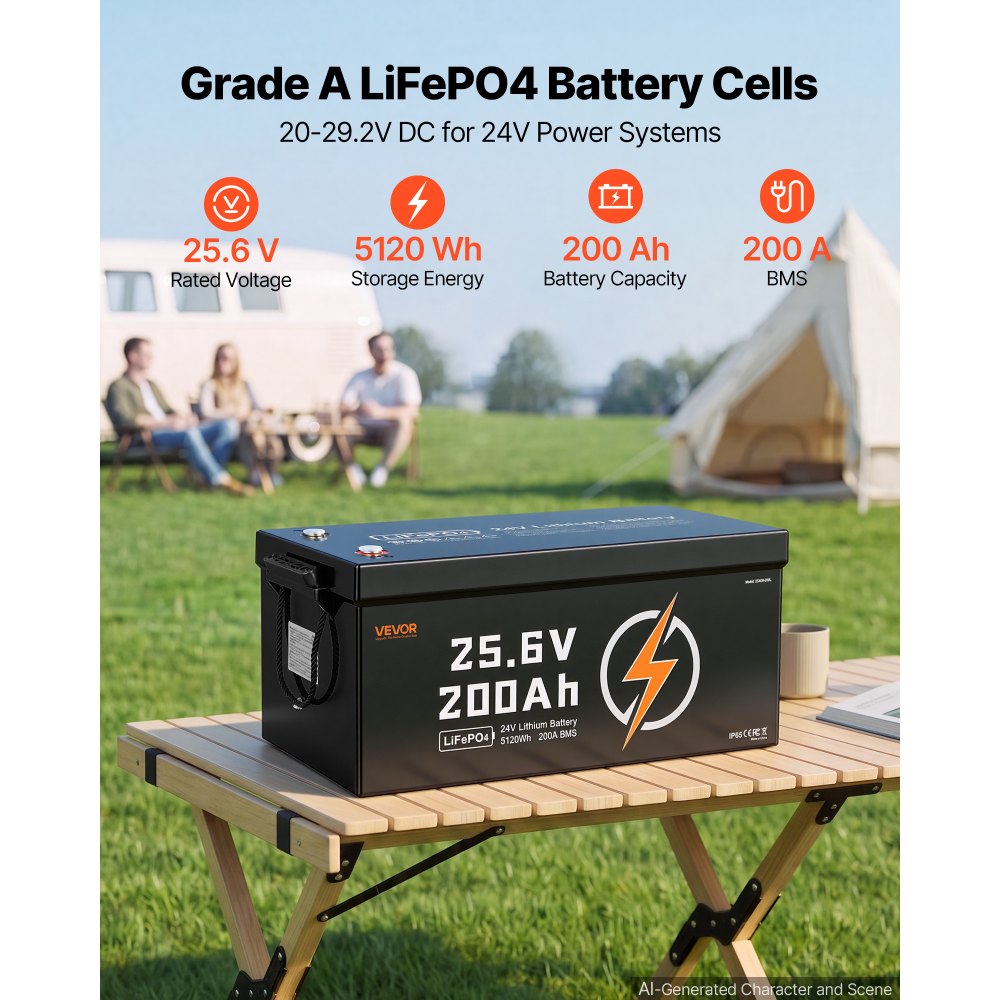 VEVOR 24V 200Ah LiFePO4 Lithium Battery 4000+ Cycles Built-in 200A BMS, Lithium Battery with Low Temperature Protection, Supports 8P2S Connection, 5120Wh Energy, for RV, Trolling Motor, Marine, Solar
