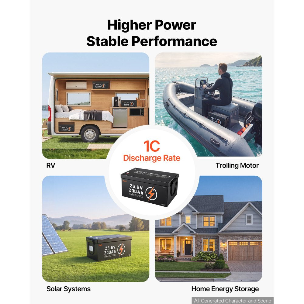 VEVOR 24V 200Ah LiFePO4 Lithium Battery 4000+ Cycles Built-in 200A BMS, Lithium Battery with Low Temperature Protection, Supports 8P2S Connection, 5120Wh Energy, for RV, Trolling Motor, Marine, Solar