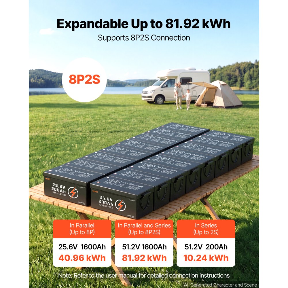 VEVOR 24V 200Ah LiFePO4 Lithium Battery 4000+ Cycles Built-in 200A BMS, Lithium Battery with Low Temperature Protection, Supports 8P2S Connection, 5120Wh Energy, for RV, Trolling Motor, Marine, Solar