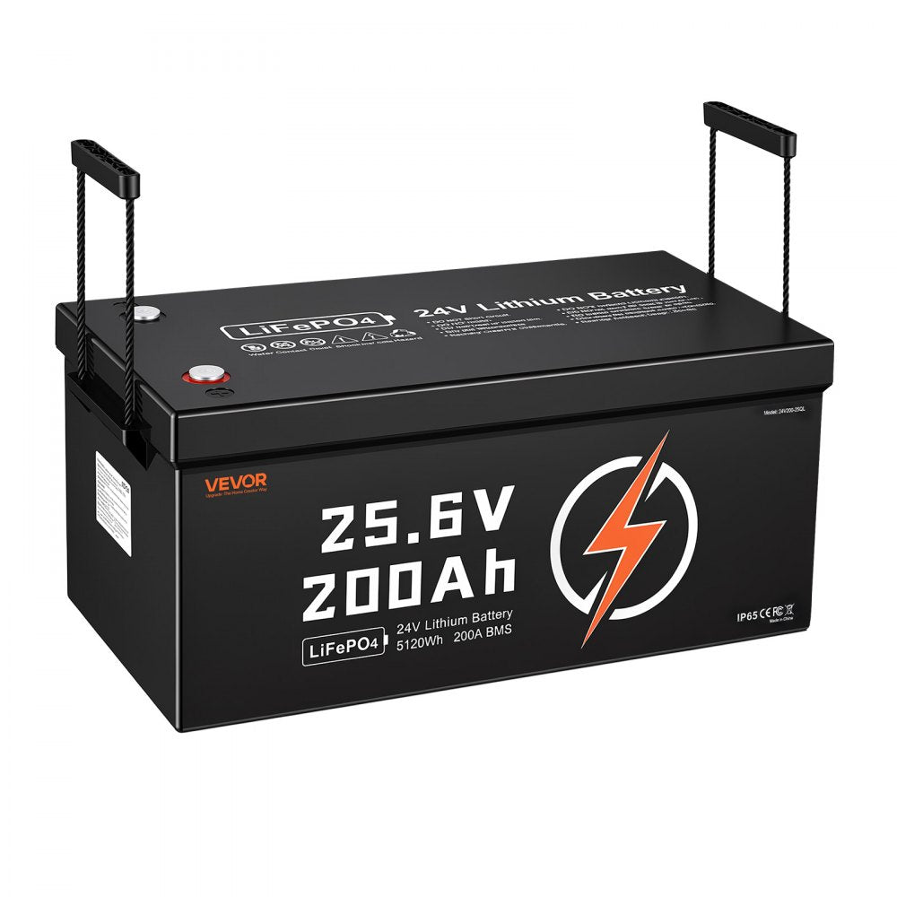 VEVOR 24V 200Ah LiFePO4 Lithium Battery 4000+ Cycles Built-in 200A BMS, Lithium Battery with Low Temperature Protection, Supports 8P2S Connection, 5120Wh Energy, for RV, Trolling Motor, Marine, Solar