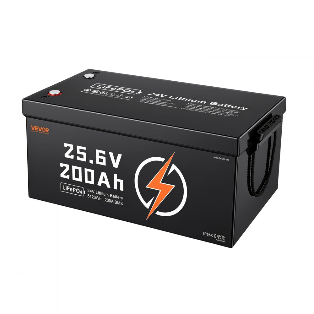 VEVOR 24V 200Ah LiFePO4 Lithium Battery 4000+ Cycles Built-in 200A BMS, Lithium Battery with Low Temperature Protection, Supports 8P2S Connection, 5120Wh Energy, for RV, Trolling Motor, Marine, Solar