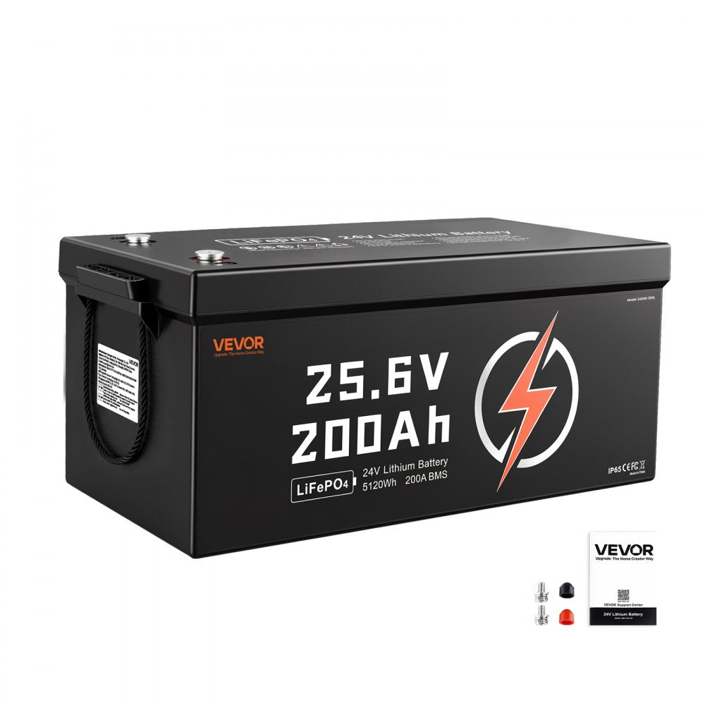 VEVOR 24V 200Ah LiFePO4 Lithium Battery 4000+ Cycles Built-in 200A BMS, Lithium Battery with Low Temperature Protection, Supports 8P2S Connection, 5120Wh Energy, for RV, Trolling Motor, Marine, Solar