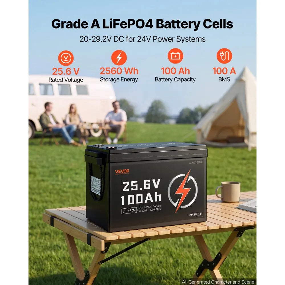 VEVOR 24V 100Ah LiFePO4 Lithium Battery 4000+ Cycles 100A BMS with Bluetooth, 2560Wh Lithium Battery with Low Temperature Protection, Supports 8P2S Connection, for RV, Trolling Motor, Marine, Solar