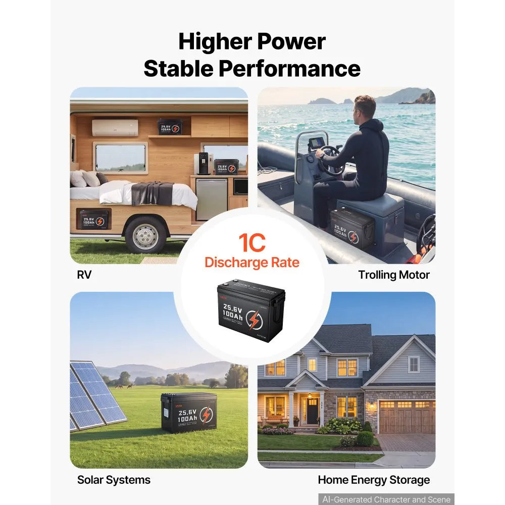 VEVOR 24V 100Ah LiFePO4 Lithium Battery 4000+ Cycles 100A BMS with Bluetooth, 2560Wh Lithium Battery with Low Temperature Protection, Supports 8P2S Connection, for RV, Trolling Motor, Marine, Solar