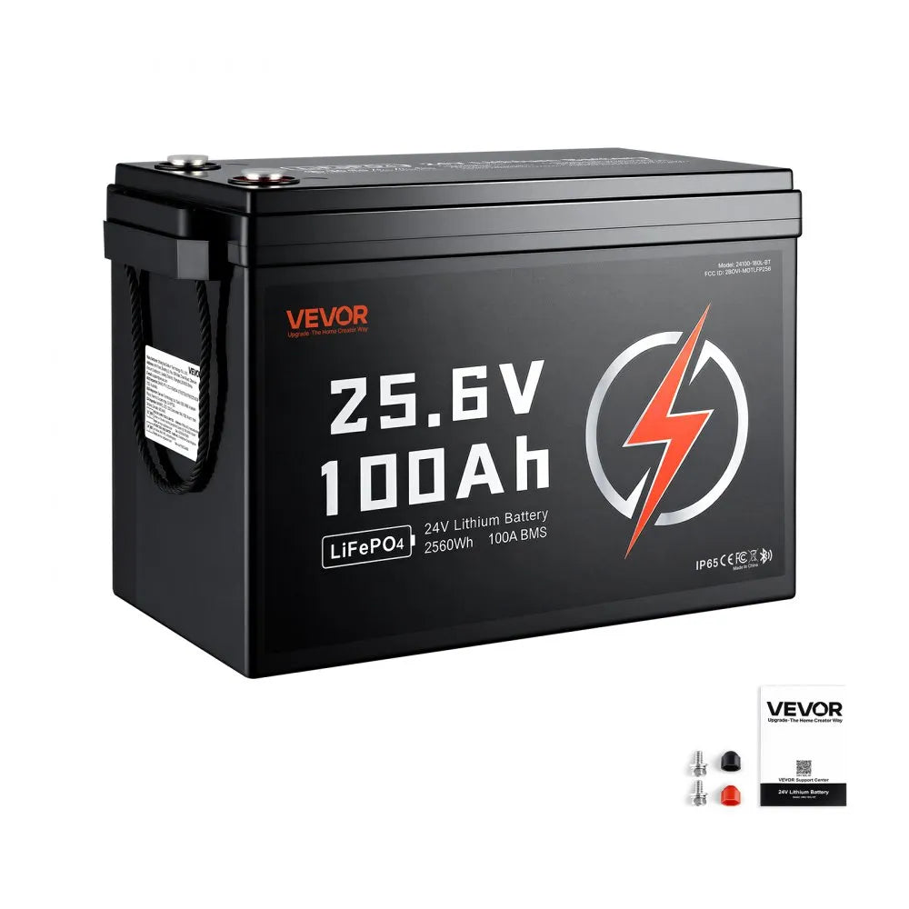 VEVOR 24V 100Ah LiFePO4 Lithium Battery 4000+ Cycles 100A BMS with Bluetooth, 2560Wh Lithium Battery with Low Temperature Protection, Supports 8P2S Connection, for RV, Trolling Motor, Marine, Solar