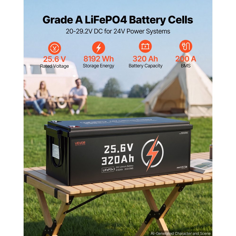 VEVOR 24V 320Ah LiFePO4 Lithium Battery 4000+ Cycles 200A BMS with Bluetooth, 8192Wh Lithium Battery with Low Temperature Protection, Supports 8P2S Connection, for RV, Trolling Motor, Marine, Solar