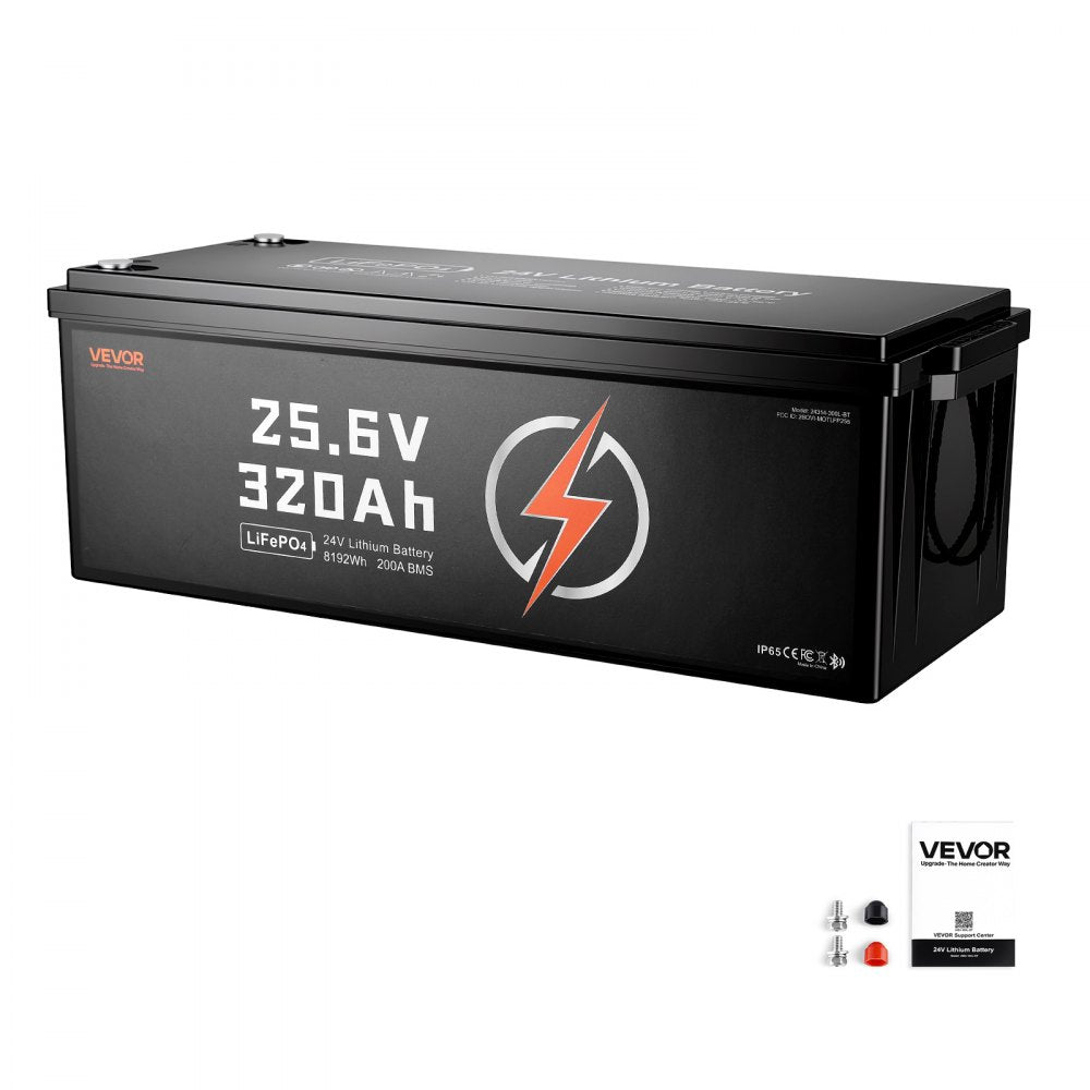 VEVOR 24V 320Ah LiFePO4 Lithium Battery 4000+ Cycles 200A BMS with Bluetooth, 8192Wh Lithium Battery with Low Temperature Protection, Supports 8P2S Connection, for RV, Trolling Motor, Marine, Solar