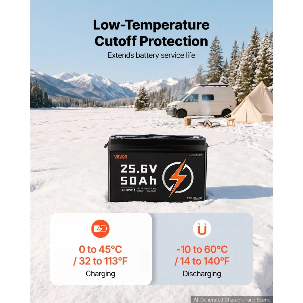 VEVOR 24V 50Ah LiFePO4 Lithium Battery 4000+ Cycles 50A BMS with Bluetooth, 1280Wh Lithium Battery with Low Temperature Protection, Supports 8P2S Connection, for RV, Trolling Motor, Marine, Solar