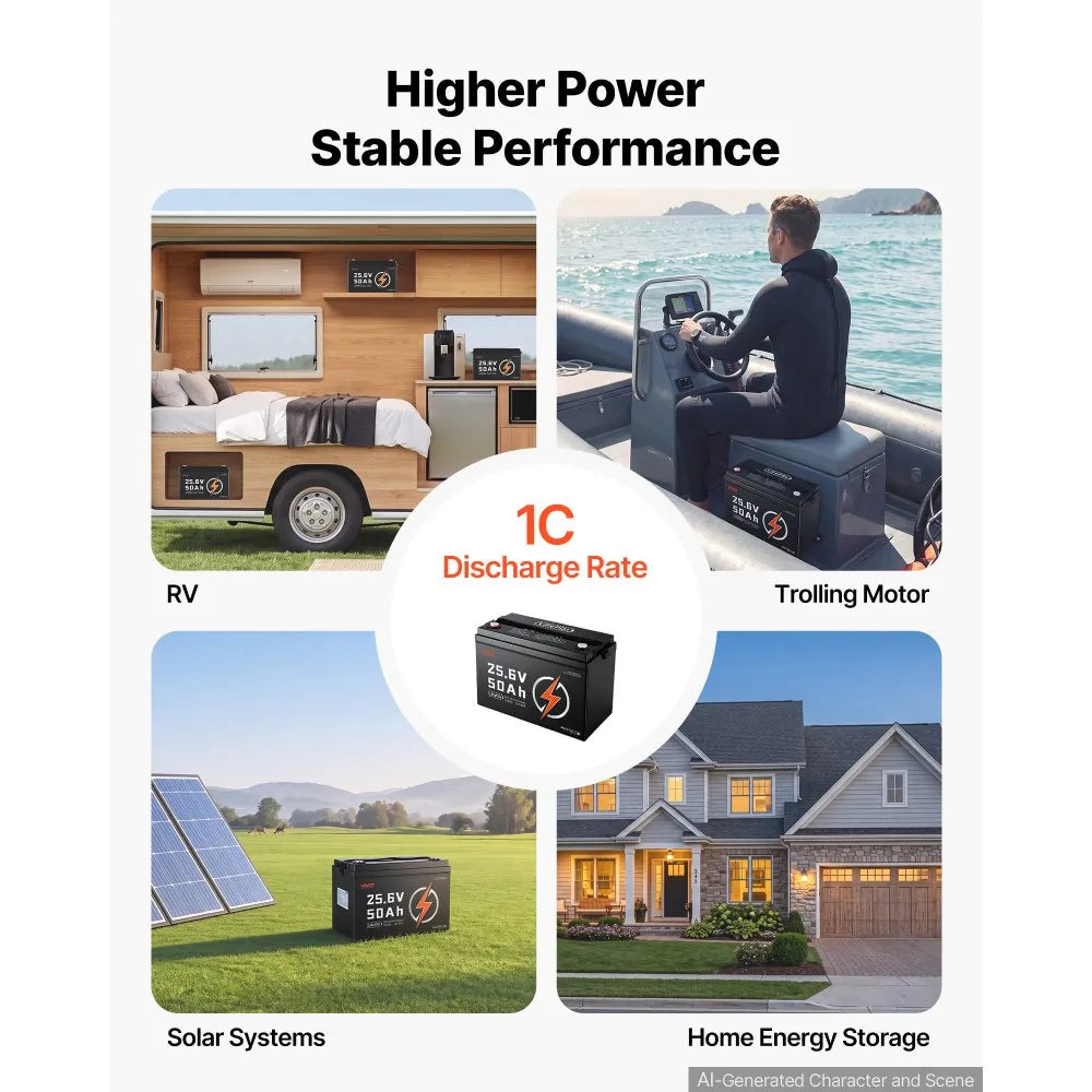 VEVOR 24V 50Ah LiFePO4 Lithium Battery 4000+ Cycles 50A BMS with Bluetooth, 1280Wh Lithium Battery with Low Temperature Protection, Supports 8P2S Connection, for RV, Trolling Motor, Marine, Solar