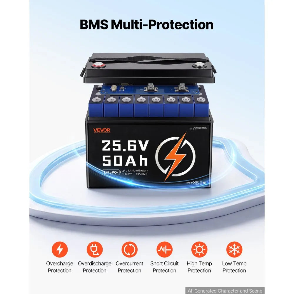 VEVOR 24V 50Ah LiFePO4 Lithium Battery 4000+ Cycles 50A BMS with Bluetooth, 1280Wh Lithium Battery with Low Temperature Protection, Supports 8P2S Connection, for RV, Trolling Motor, Marine, Solar