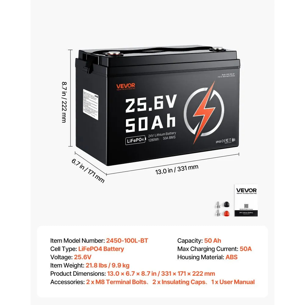 VEVOR 24V 50Ah LiFePO4 Lithium Battery 4000+ Cycles 50A BMS with Bluetooth, 1280Wh Lithium Battery with Low Temperature Protection, Supports 8P2S Connection, for RV, Trolling Motor, Marine, Solar