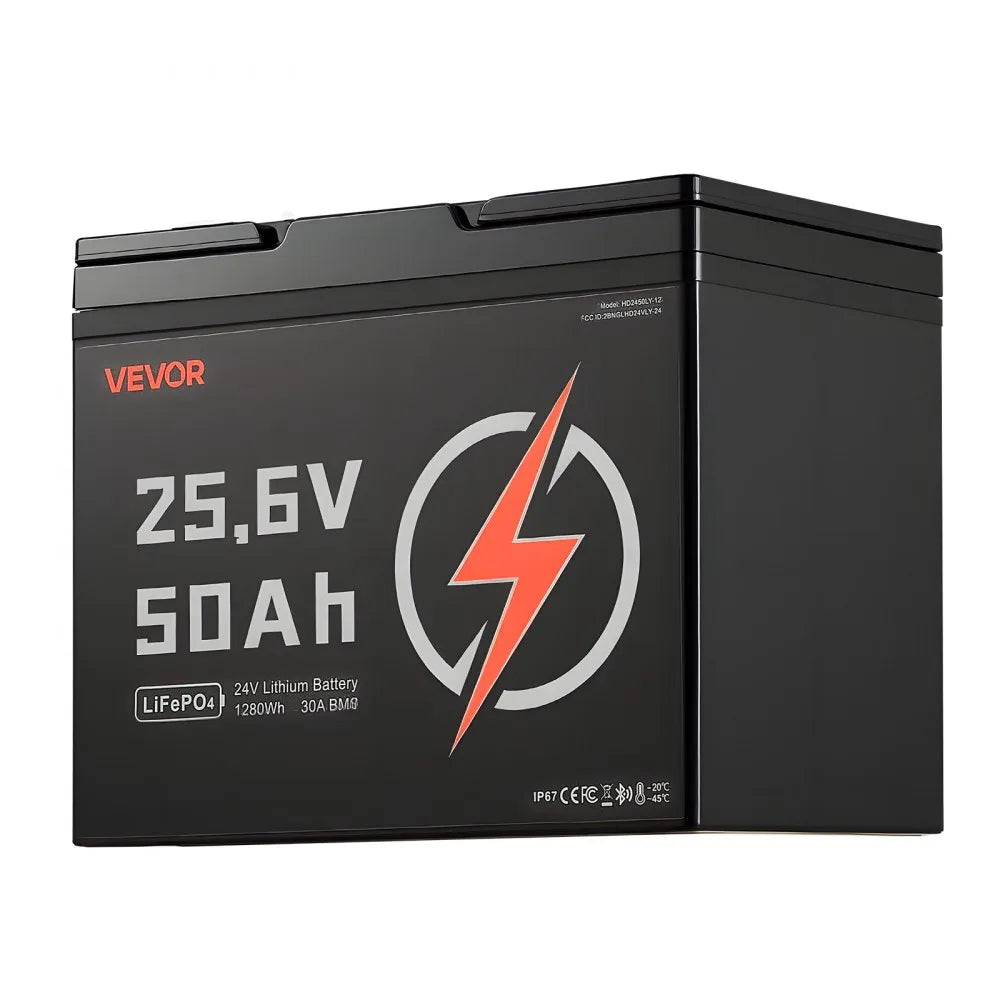 VEVOR 24V 50Ah LiFePO4 Lithium Battery, Bluetooth, Deep Cycle Lithium Rechargeable Battery, Built-in 30A BMS, Low Temp Protection, 4000+ Cycles, Max. 1280Wh, for RV, Camper, Trolling Motors, Marine