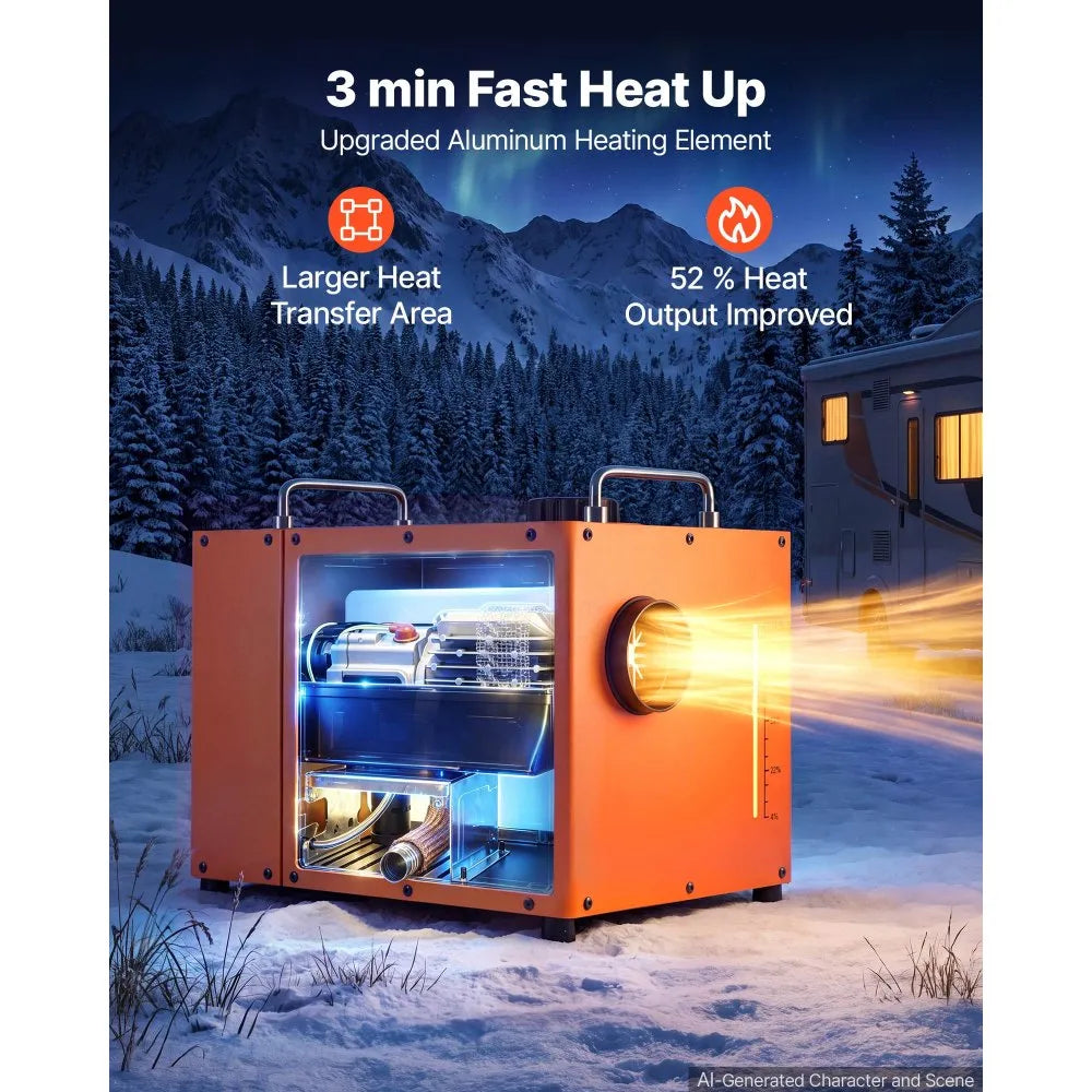 VEVOR Diesel Heater DC 12-24V 2.38 Gal / 9 L Fuel Tank Diesel Air Heater, For Outdoor Camping, Aluminum Element Fast Heating, with Bluetooth App Control, Remote Control, and LCD Panel, CO Alarm