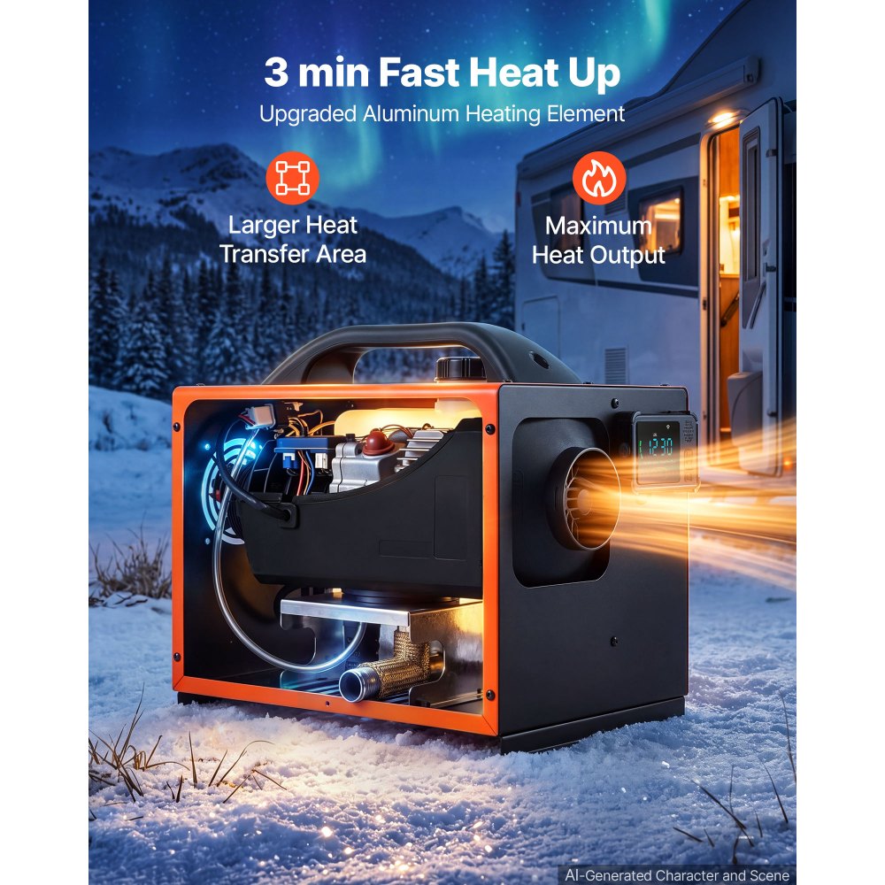 VEVOR Diesel Heater DC 12-24V 1.59 Gal / 6 L Fuel Tank Aluminum Element, For Outdoor Camping, Fast Heating, Diesel Air Heater with Bluetooth App Control, Remote Control and LCD Panel, Max 18045 ft