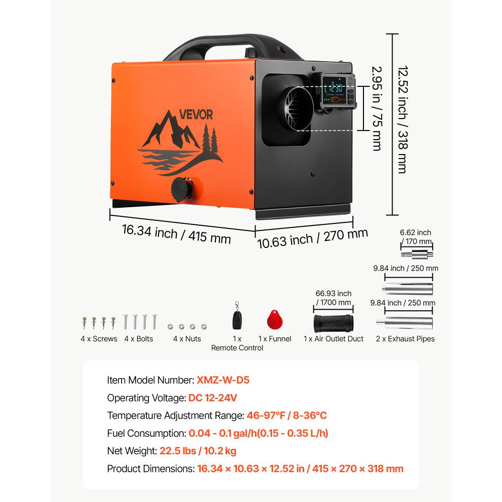 VEVOR Diesel Heater DC 12-24V 1.59 Gal / 6 L Fuel Tank Aluminum Element, For Outdoor Camping, Fast Heating, Diesel Air Heater with Bluetooth App Control, Remote Control and LCD Panel, Max 18045 ft