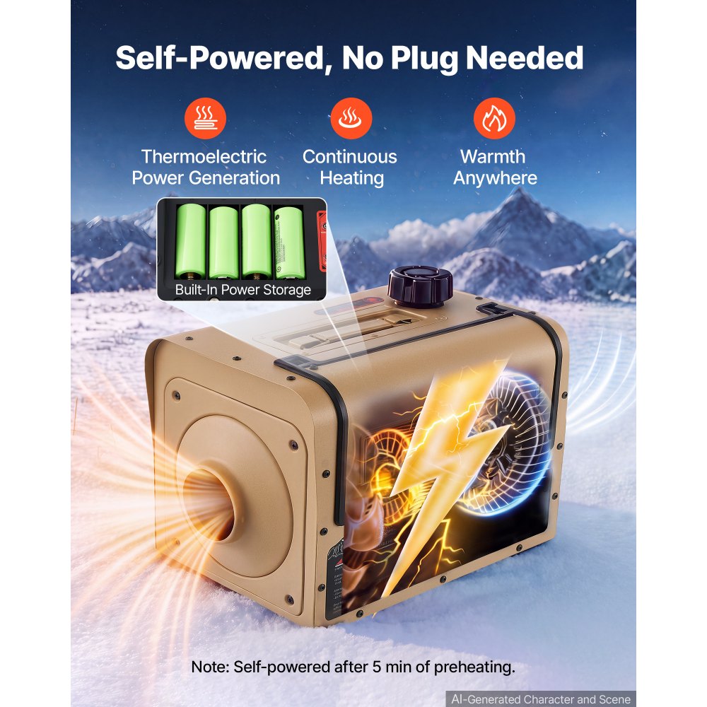 VEVOR Self-Powered Diesel Heater 1 Gal / 3.8 L Fuel Tank Diesel Air Heater, For Camping, Tents, Vehicles, and Outdoor Use, Fast Heating, Self-Generating Portable Power Station, USB Output, Low Noise