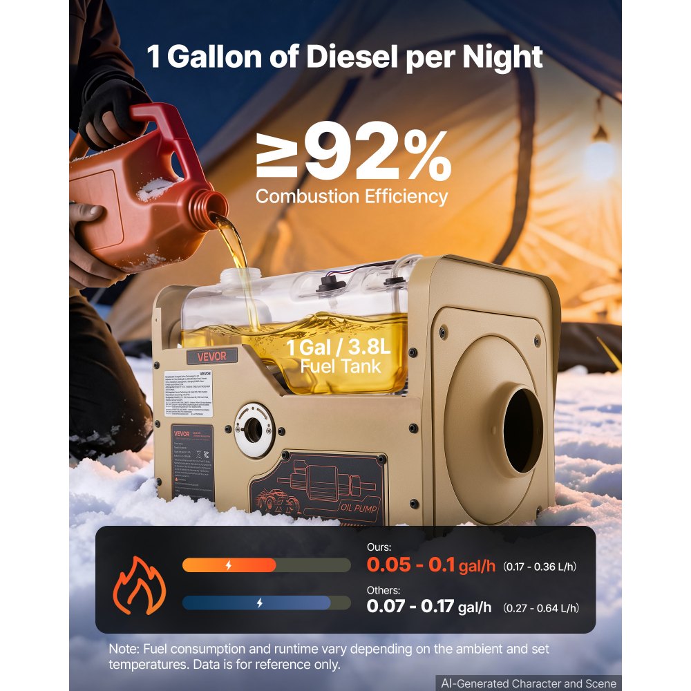 VEVOR Self-Powered Diesel Heater 1 Gal / 3.8 L Fuel Tank Diesel Air Heater, For Camping, Tents, Vehicles, and Outdoor Use, Fast Heating, Self-Generating Portable Power Station, USB Output, Low Noise