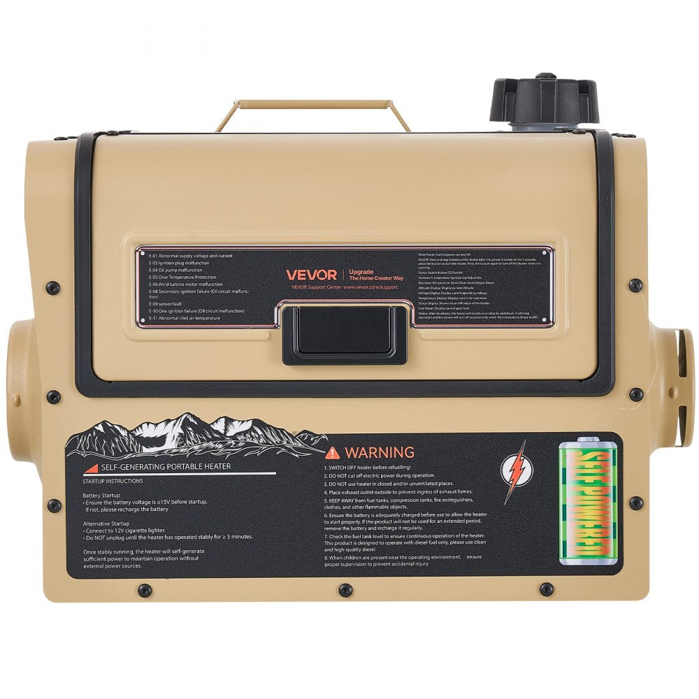 VEVOR Self-Powered Diesel Heater 1 Gal / 3.8 L Fuel Tank Diesel Air Heater, For Camping, Tents, Vehicles, and Outdoor Use, Fast Heating, Self-Generating Portable Power Station, USB Output, Low Noise