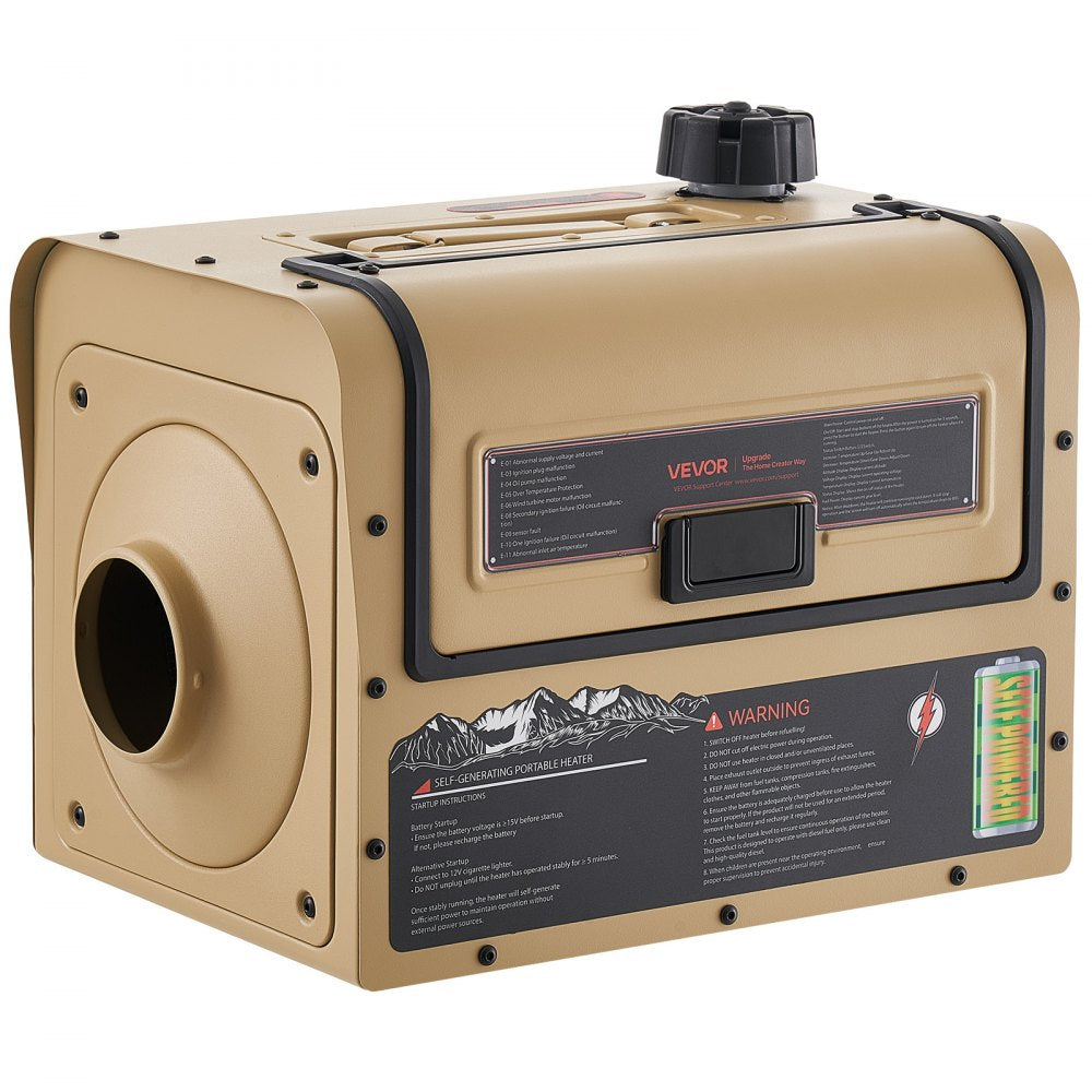 VEVOR Self-Powered Diesel Heater 1 Gal / 3.8 L Fuel Tank Diesel Air Heater, For Camping, Tents, Vehicles, and Outdoor Use, Fast Heating, Self-Generating Portable Power Station, USB Output, Low Noise