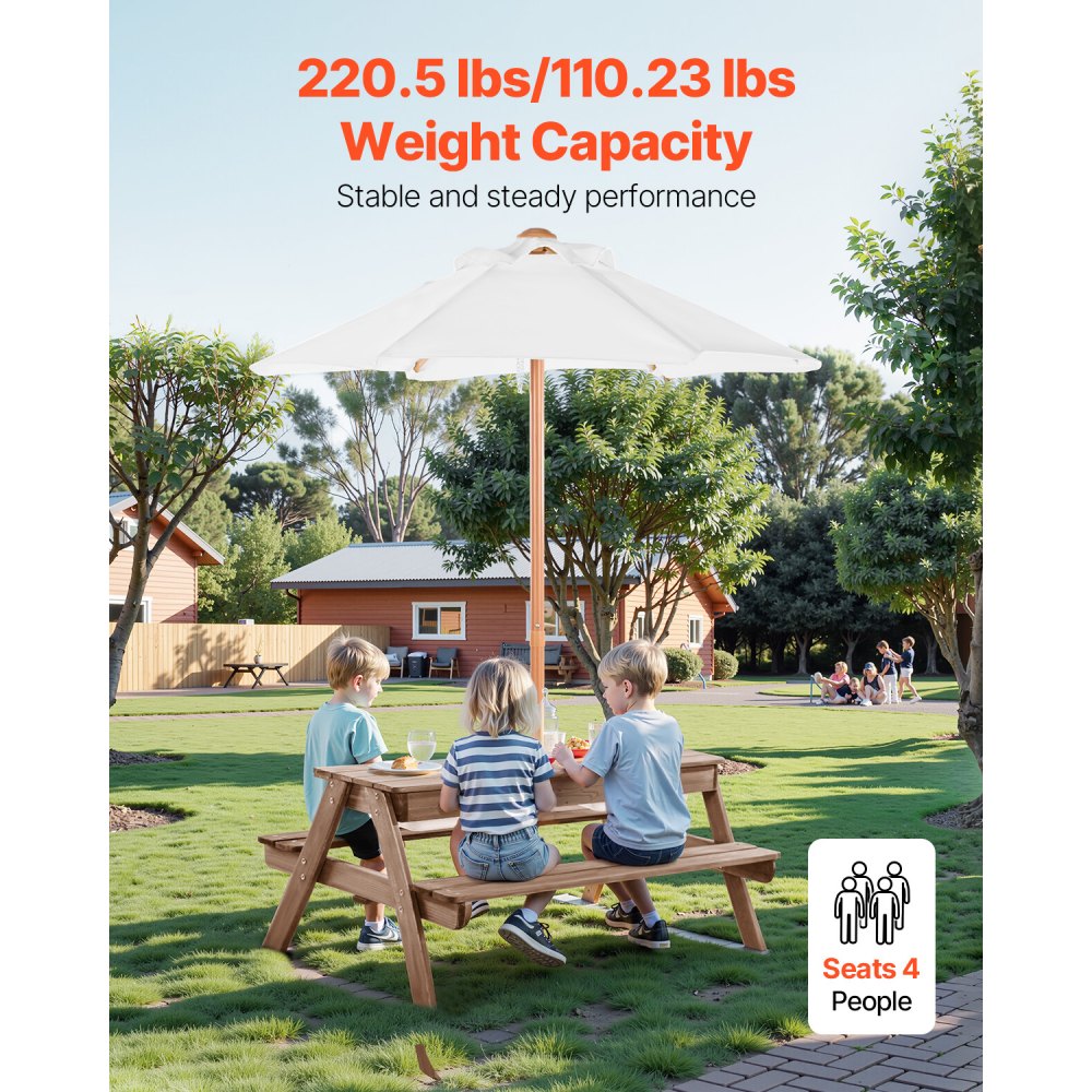 VEVOR Kids Picnic Table with Umbrella, 3-in-1 Sand & Water Table, Outdoor Wooden Table and Bench Set with 2 Trays, 4-People Patio Dining Furniture for Garden, Backyard and Porch (Walnut)