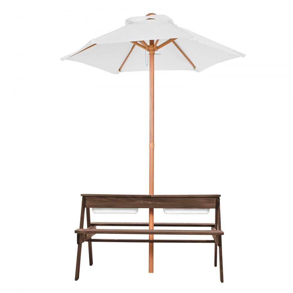 VEVOR Kids Picnic Table with Umbrella, 3-in-1 Sand & Water Table, Outdoor Wooden Table and Bench Set with 2 Trays, 4-People Patio Dining Furniture for Garden, Backyard and Porch (Walnut)