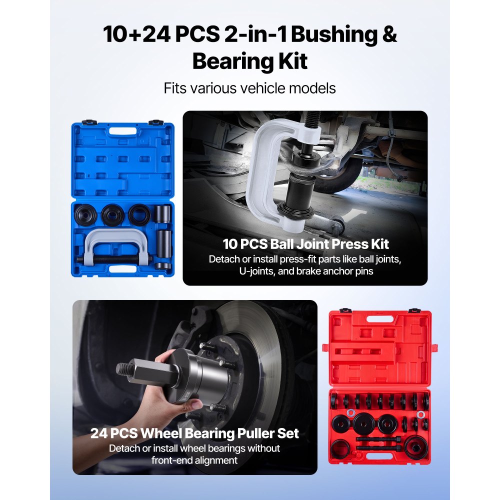 VEVOR Bearing Press Kit, 10+24 Pcs, 2 in 1 Ball Joint Press & Wheel Bearing Puller Kit, Race and Seal Driver Set with 13 Bushings, C-Frame and Sleeves, Heavy Duty Removal Installation Set with Case