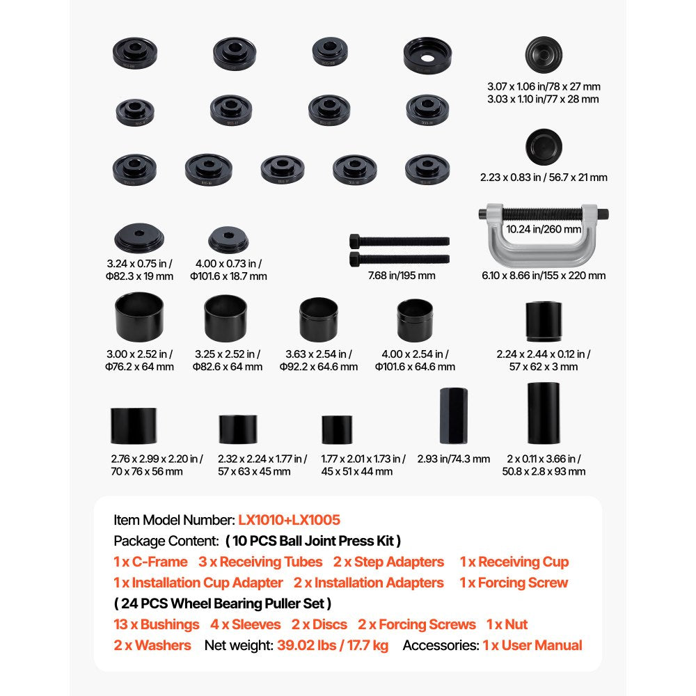 VEVOR Bearing Press Kit, 10+24 Pcs, 2 in 1 Ball Joint Press & Wheel Bearing Puller Kit, Race and Seal Driver Set with 13 Bushings, C-Frame and Sleeves, Heavy Duty Removal Installation Set with Case