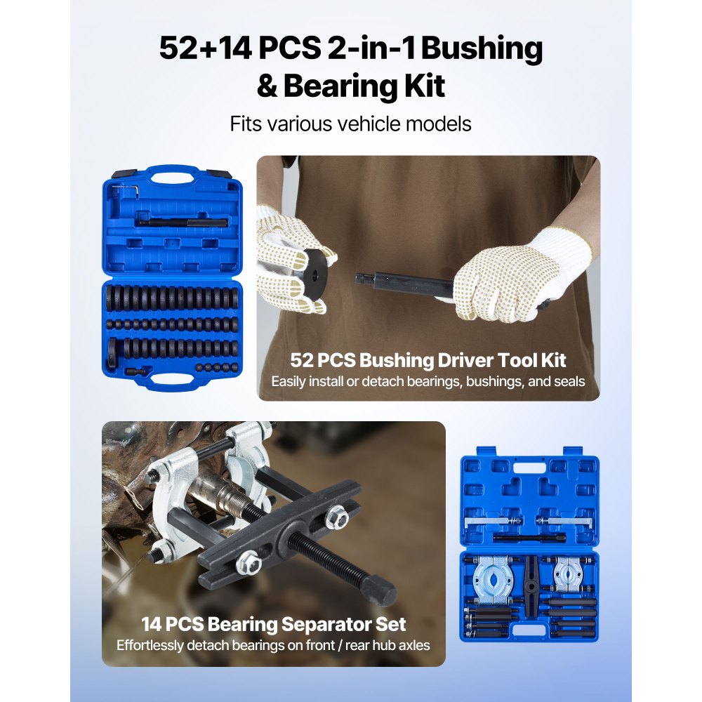 VEVOR Bearing Press Kit, 52+14 Pcs, 2 in 1 Bushing Driver Tool & Bearing Press Kit, Race and Seal Driver Set with 49 Bushings, Separators and Jaws, Heavy Duty Removal Installation Tool Set with Case