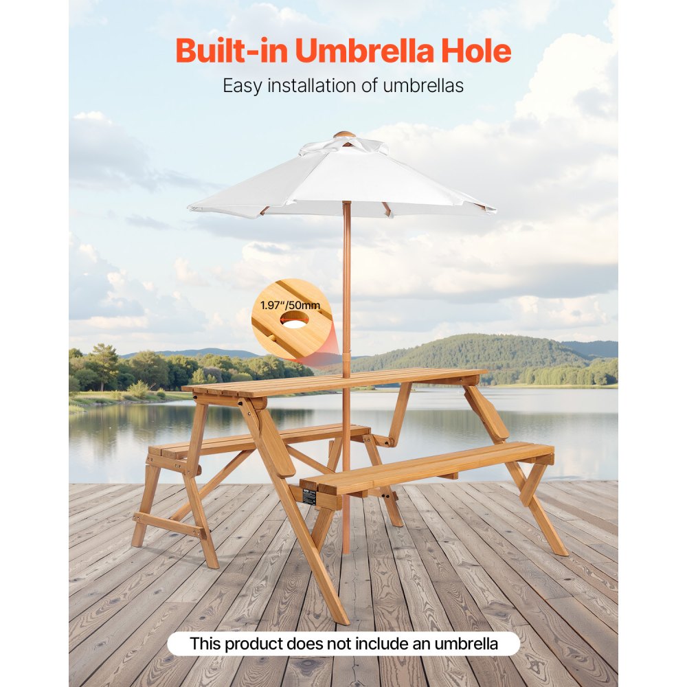 VEVOR 2-in-1 Transforming Interchangeable Picnic Table, Outdoor Wooden Table and Bench Set, Portable Foldable Bench with Umbrella Hole, Patio Dining Furniture for Garden, Backyard, Porch (Brown)