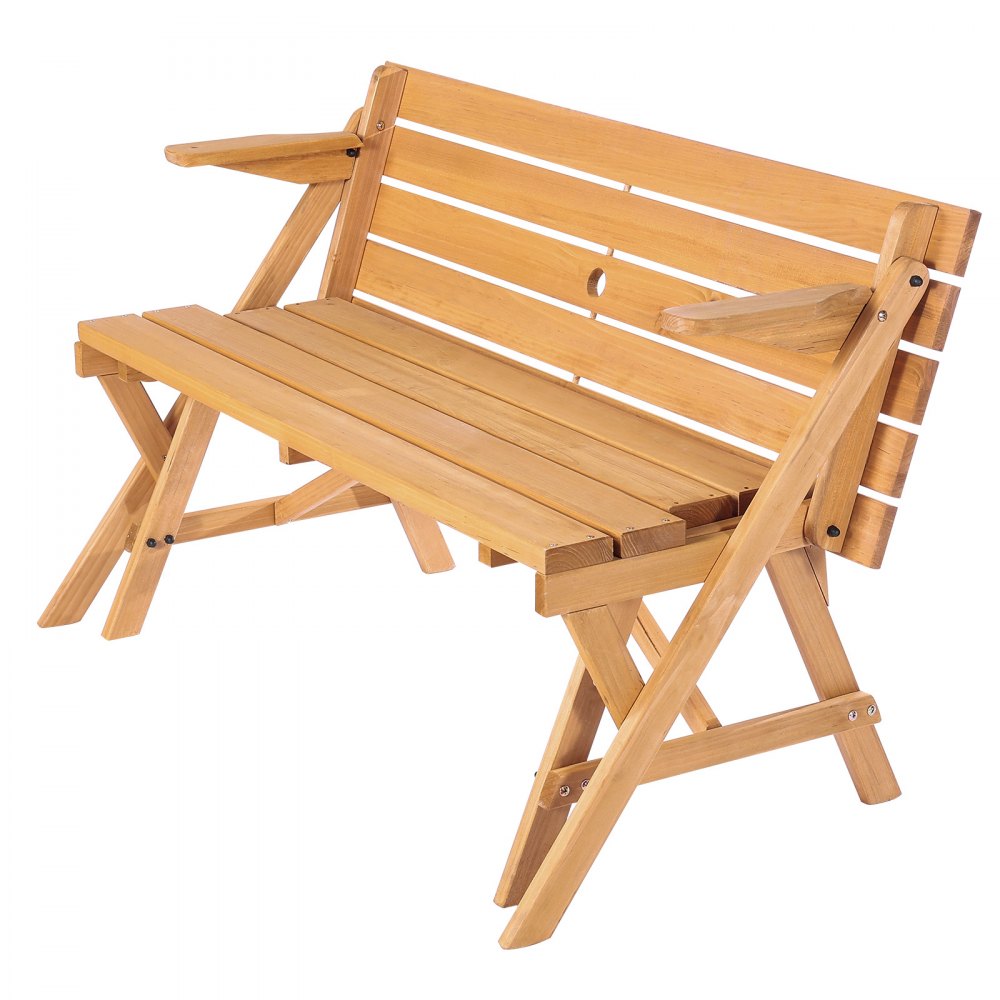 VEVOR 2-in-1 Transforming Interchangeable Picnic Table, Outdoor Wooden Table and Bench Set, Portable Foldable Bench with Umbrella Hole, Patio Dining Furniture for Garden, Backyard, Porch (Brown)