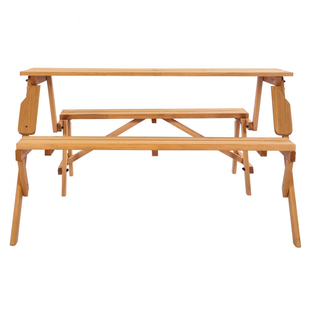 VEVOR 2-in-1 Transforming Interchangeable Picnic Table, Outdoor Wooden Table and Bench Set, Portable Foldable Bench with Umbrella Hole, Patio Dining Furniture for Garden, Backyard, Porch (Brown)