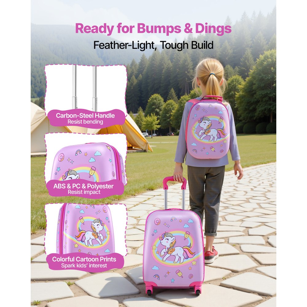 VEVOR Kids Luggage Set, 2 Piece, 18 Inch Hardside Rolling Wheels Suitcase with Hard-Shell Backpack, Unicorn Kids Carry on Luggage Set, Holiday Birthday Gift for Girls & Boys, Airline Approved