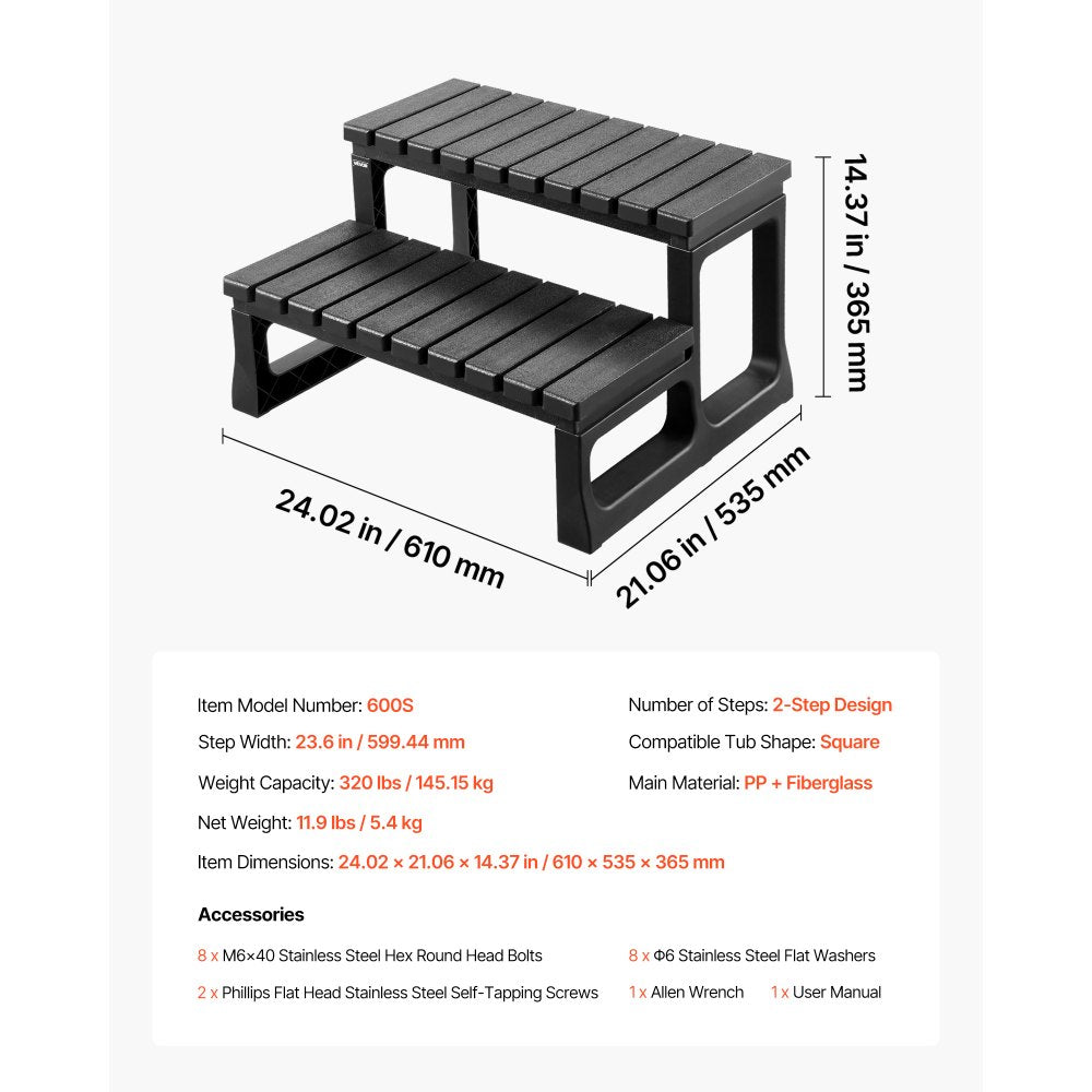 VEVOR Hot Tub Steps, 2-Step Spa Outdoor Stairs, Heavy Duty 23.6 inch Wide PP Above-Ground/Inflatable Pool Ladder with 320 lbs Weight Capacity, Multi-Use for Porch, Patio, Deck, Campers, Black