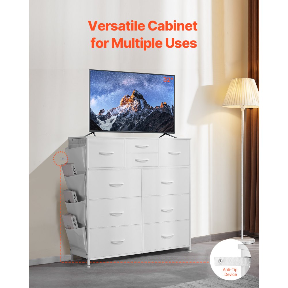 VEVOR 10 Drawer Dresser, Fabric Drawer Dresser with Fabric Bins, Closet Storage Drawers with Easy Pull Handle and Sturdy Steel Frame, Fabric Storage Tower for Bedroom, Hallway, Closet, Nursery, White