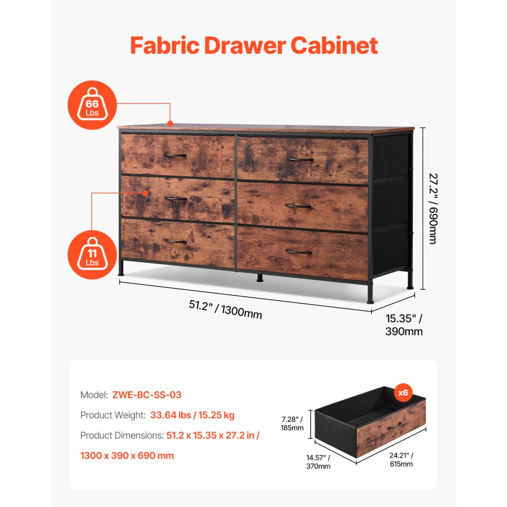VEVOR 6 Drawer Dresser, Tall Chest Organizer Drawer Dresser, TV Stand with Storage, Closet Storage Drawers with Sturdy Steel Frame, Fabric Storage Tower for Bedroom, Hallway, Closet, Rustic Brown
