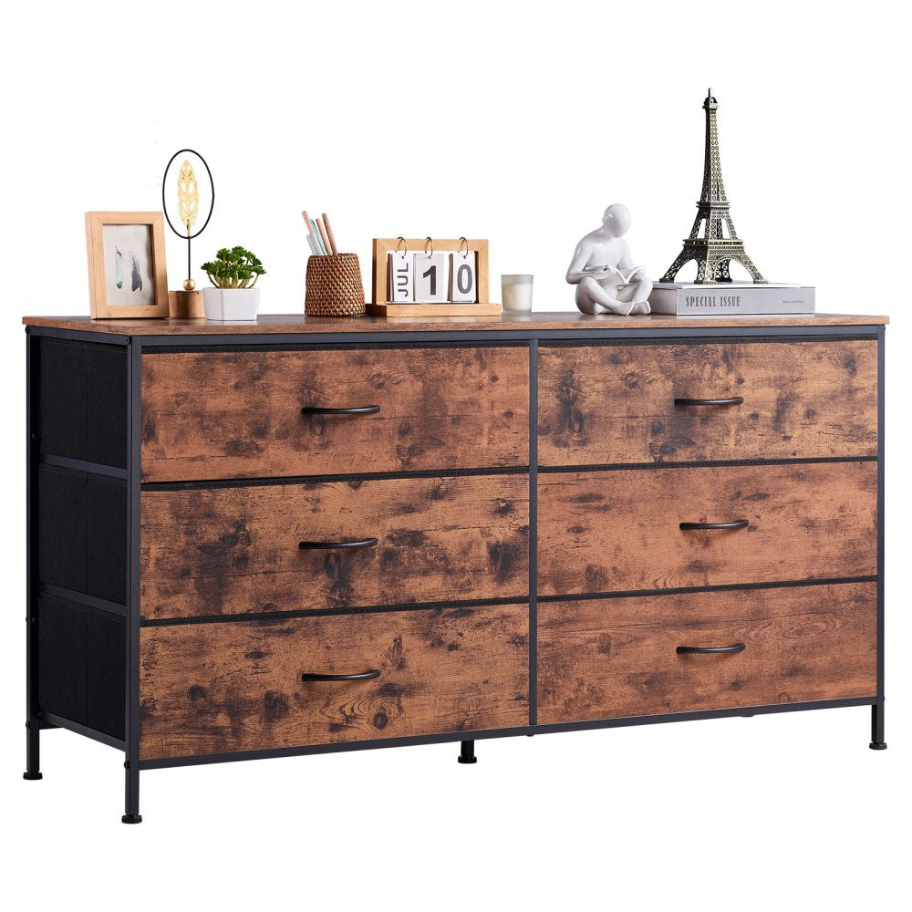 VEVOR 6 Drawer Dresser, Tall Chest Organizer Drawer Dresser, TV Stand with Storage, Closet Storage Drawers with Sturdy Steel Frame, Fabric Storage Tower for Bedroom, Hallway, Closet, Rustic Brown