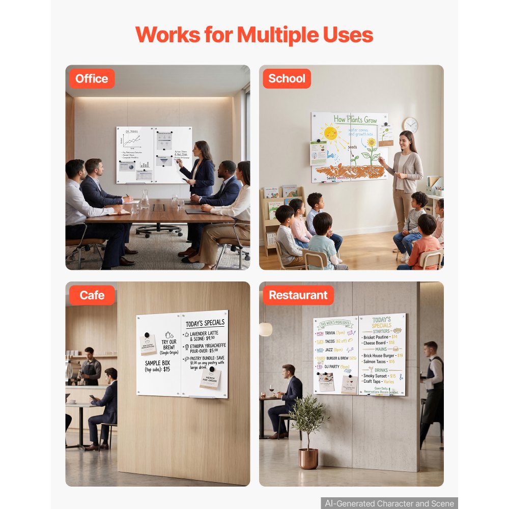 VEVOR Glass Dry Erase Board 2 Pack 35.4 x 23.6 in White Magnetic Whiteboard, Wall-Mounted, Frameless, Thick Tempered Glass, with Markers, Magnets and Eraser, for Office, School Classroom, Home Study