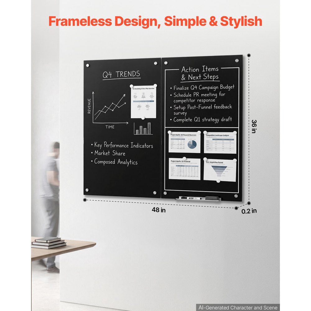VEVOR Glass Dry Erase Board 2 Pack 35.4 x 23.6 in Black Magnetic Whiteboard, Wall-Mounted, Frameless, Thick Tempered Glass, with Markers, Magnets and Eraser, for Office, School Classroom, Home Study