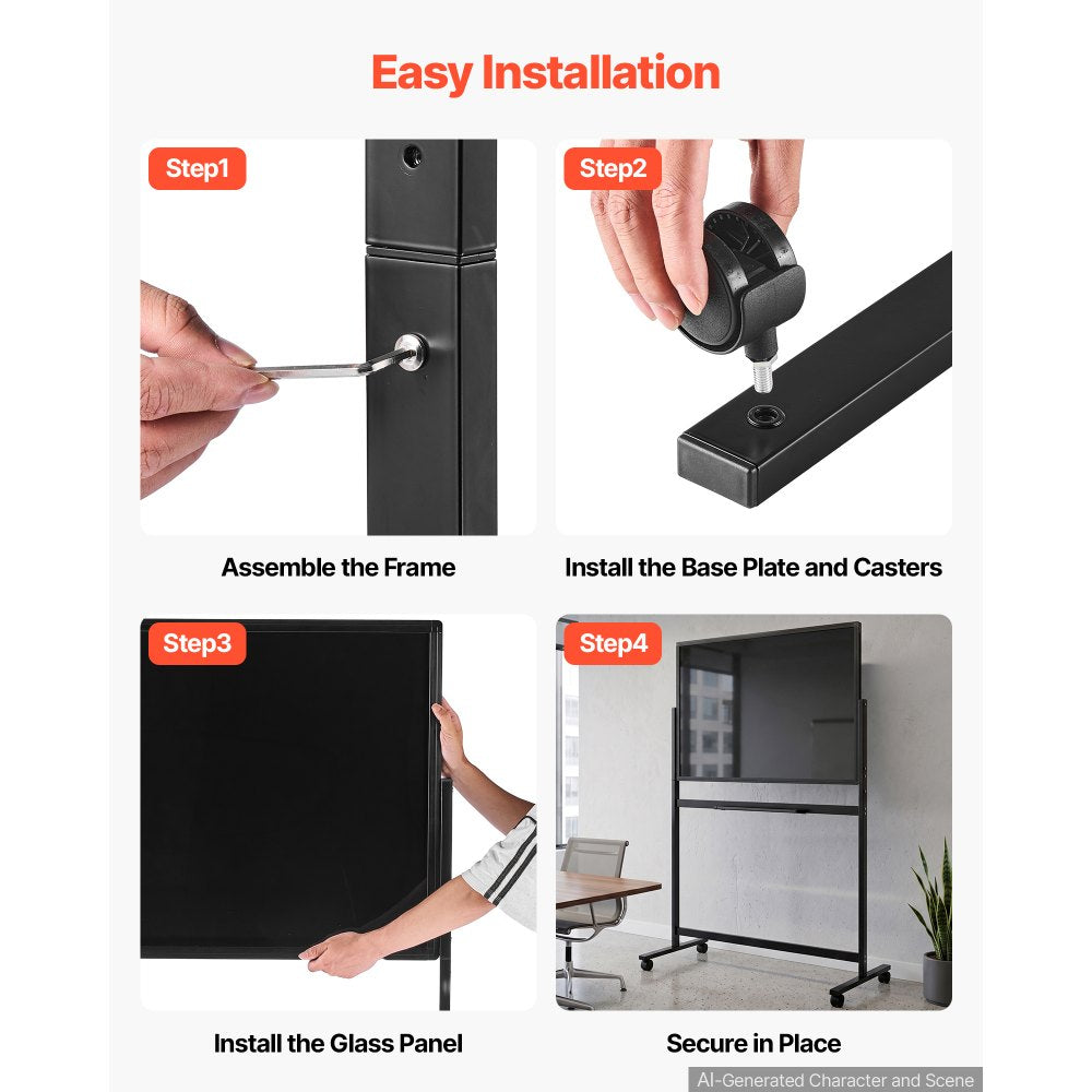 VEVOR Glass Dry Erase Board 35 x 23 in Magnetic Whiteboard with Base Black, Frameless, Mobile with Stand and Wheels, Includes Markers, Magnets and Eraser, for Office, School Classroom, and Home