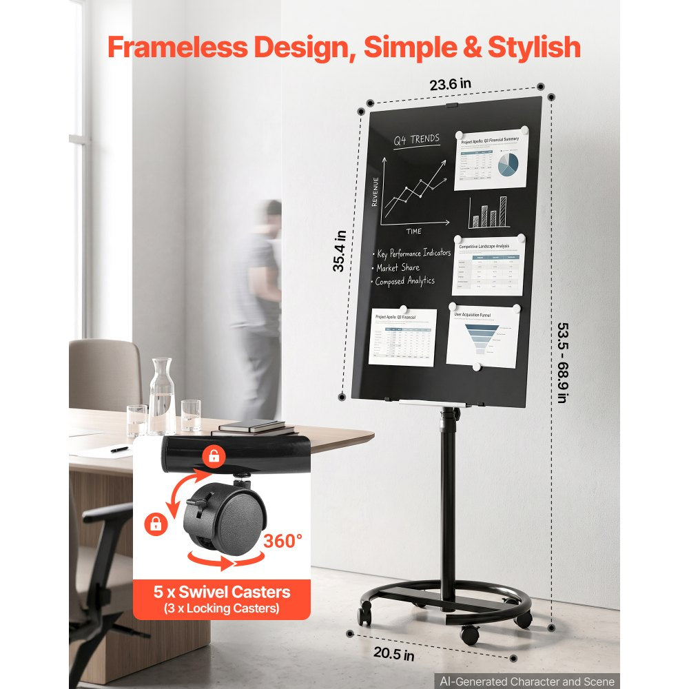 VEVOR Glass Dry Erase Board 35.4 x 23.6 in Magnetic Whiteboard Round Base, Frameless, Mobile with Stand and Wheels, Includes Markers, Magnets and Eraser, for Office, School Classroom, Home, Black