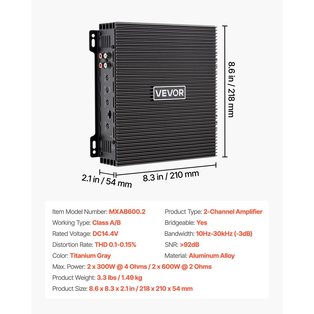 VEVOR 2 Channel Car Audio Amplifier 2 Ohm Stable Bridgeable Class A/B Full Range Stereo Amp Max Power 2 x 300W @ 4 Ohm / 2 x 600W @ 2 Ohm for Car SUV Truck Off-Road