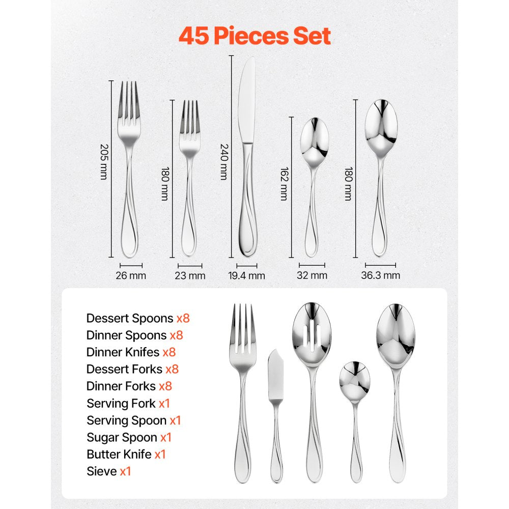 VEVOR 45-Piece Silverware Set, Food-Grade Stainless Steel Flatware Utensils, Mirror Finished Cutlery Set, Dishwasher Safe Eating Tableware for Kitchen Home, Service for 8, Include Knife Fork Spoon